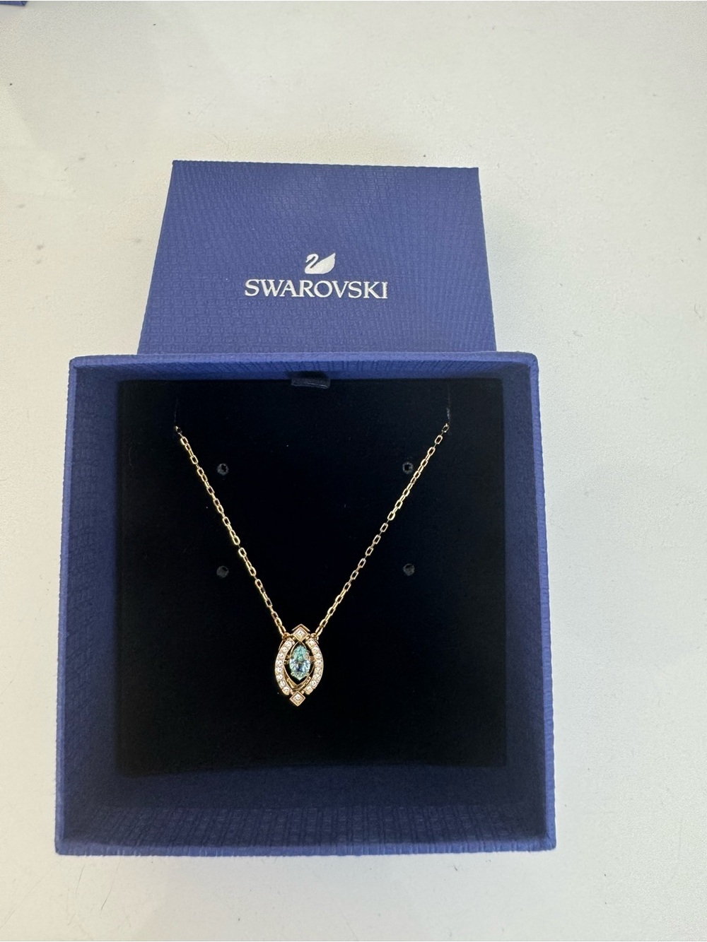 Swarovski Blue Crystal Teardrop Pendant Necklace Yellow Gold Plated (5497474)